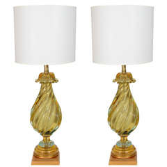 Pair of Peridot/Aquamarine Glass Lamps by Seguso for Marbro