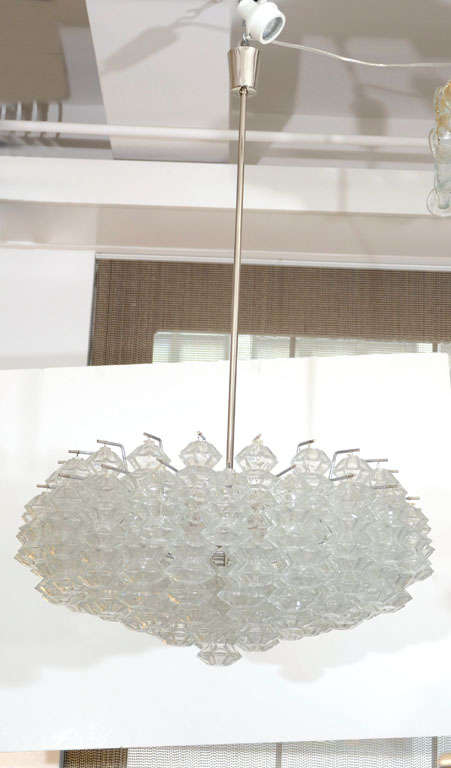 Rare pagoda shaped glass element chandelier by Kalmar on satin nickel stem. Matching sconces are also available. Currently 2 chandeliers are available.