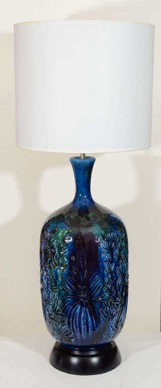 Pair of Large Italian Blue/Green Incised Ceramic Lamps