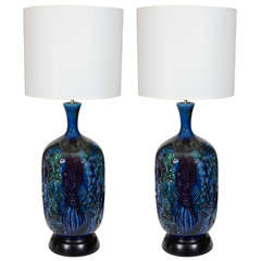 Pair of Large Italian Blue/Green Incised Ceramic Lamps
