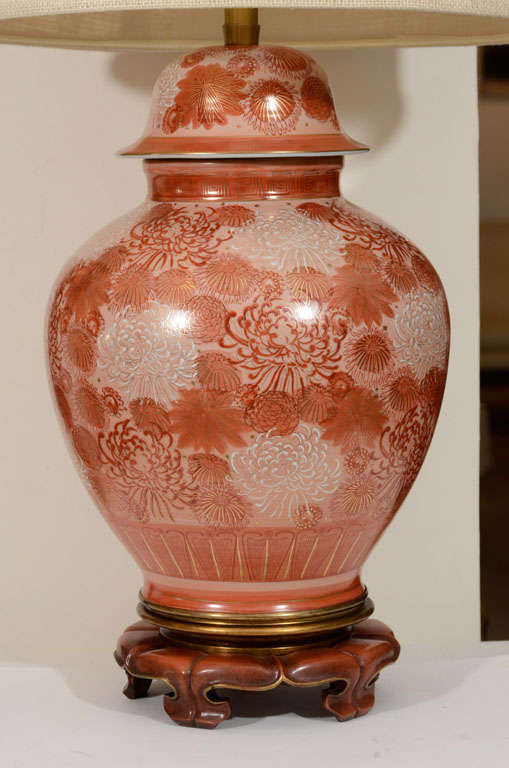 Hollywood Regency Marbro Cinnabar Chrysanthemum Porcelain Lamps