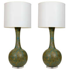 Pair of Mottled Blue/Green Glazed Ceramic Lamps