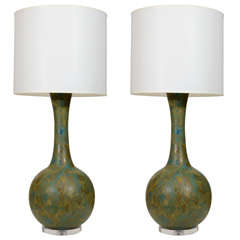 Pair of Mottled Blue/Green Glazed Ceramic Lamps