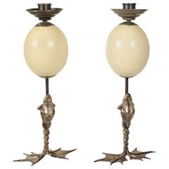 Pair of Anthony Redmile Frog Candlesticks with Ostrich Eggs