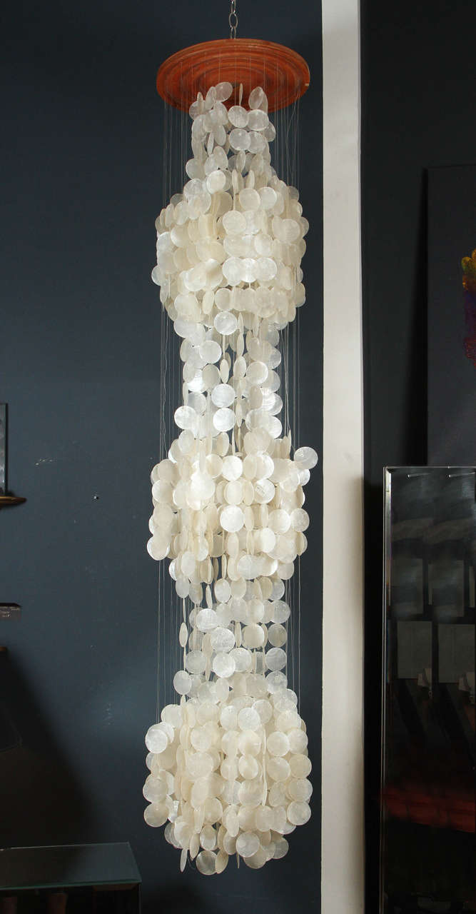 Delicate, elegant Mid-Century Capiz shell three-tier hanging sculpture.