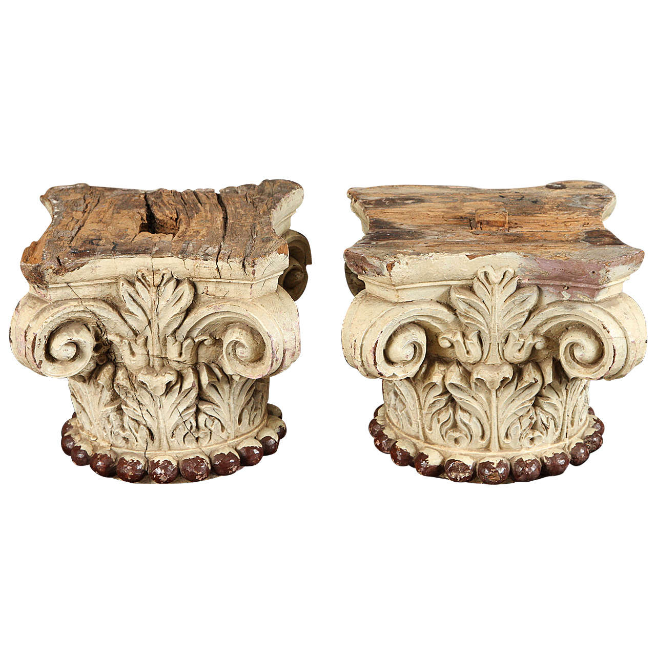 Pair of Ivory Painted Capitals from 19th Century Italy