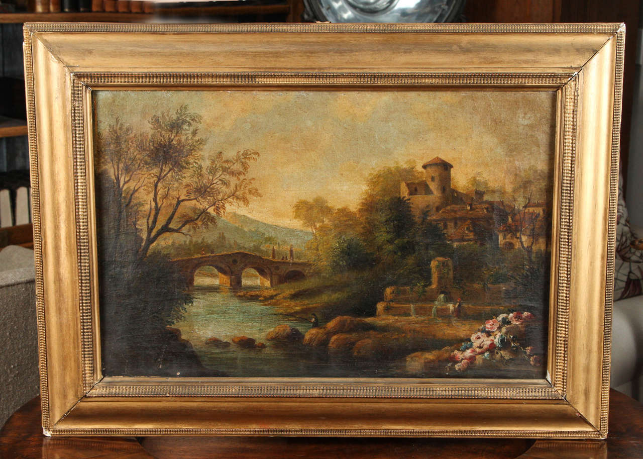 19th century landscape painting in gilt frame from Italy circa 1860. 