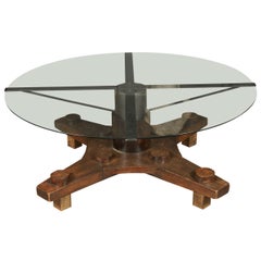 Round Glass Top Coffee Table Made from English Ship Port Part with Metal Base 
