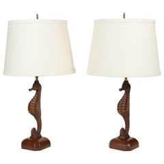 Vintage Pair of Carved Wood Seahorse Lamps