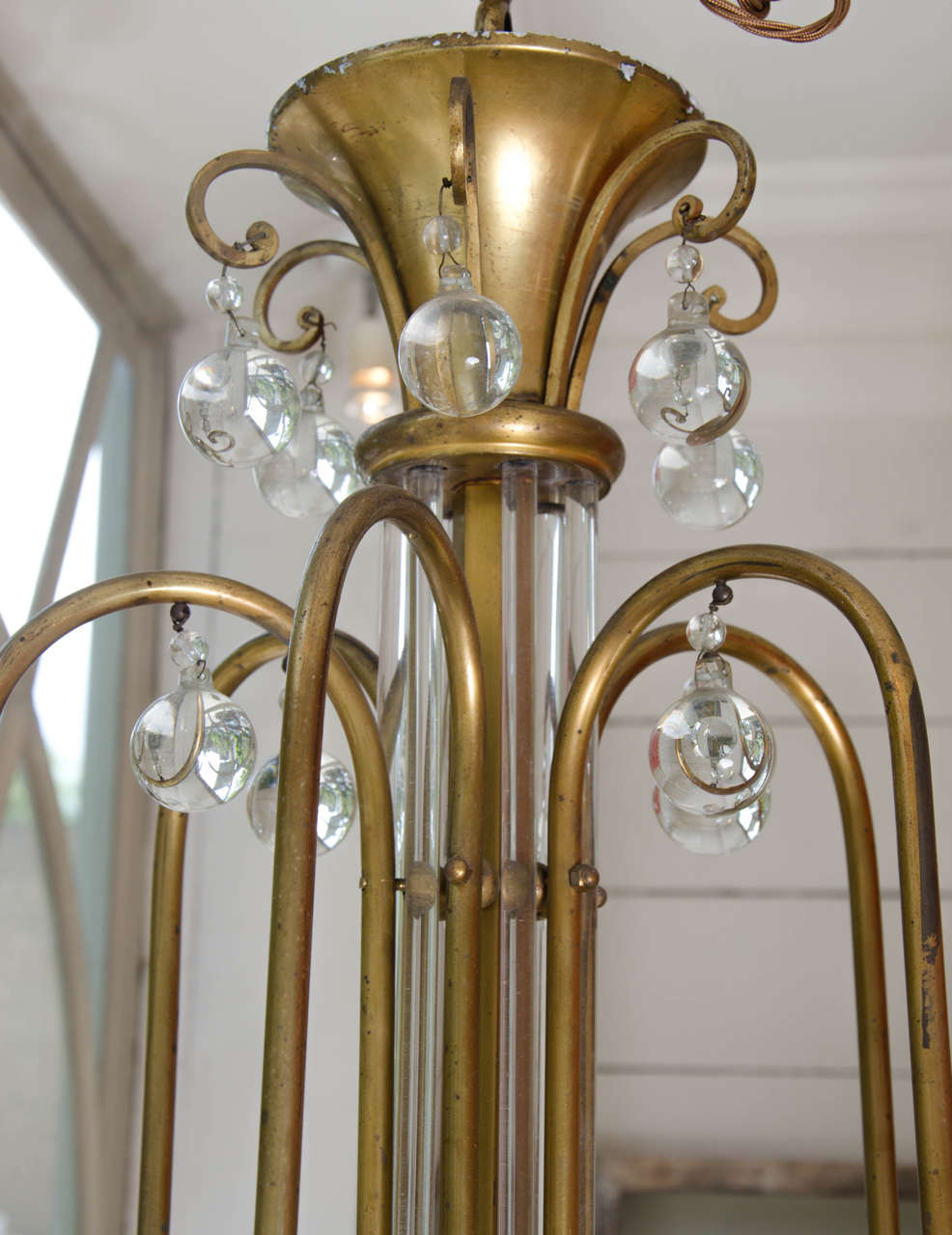 Brass French Ormolu and Glass Balled Chandelier For Sale