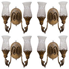 Antique Set of Four Mid-19th Century Gilded Tin and Cut Glass Wall Lights