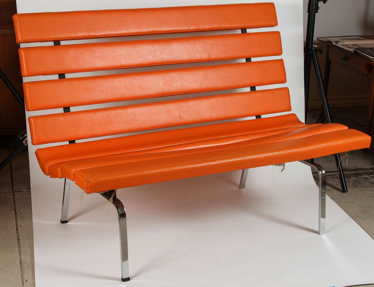 This rare bench from a series created by McCabe for Pacific furniture was utilized by many modern California architects. All original including upholstery.