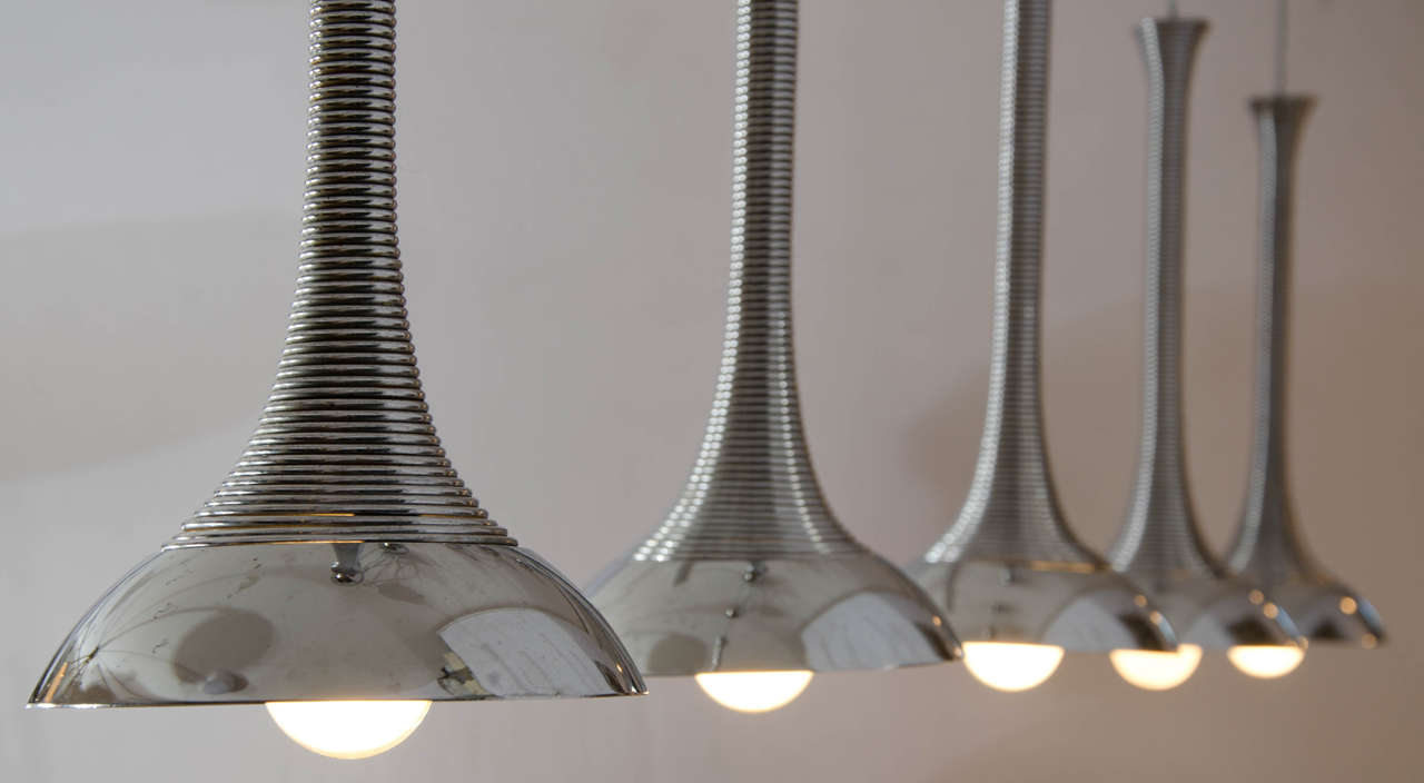 Mid-20th Century Set of Five Chrome Suspension Spiral Lamps Attributed to Angelo Mangiarotti
