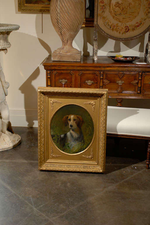 19th Century English Oil Painting of a Beagle Dog in Carved Giltwood Frame 1