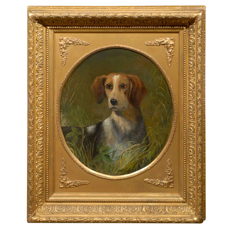 19th Century English Oil Painting of a Beagle Dog in Carved Giltwood Frame