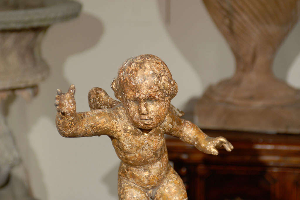 English Mid-19th Century Carved and Gilt Wood Cherub Sculpture on Custom Stand 6