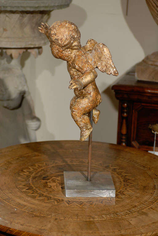 English Mid-19th Century Carved and Gilt Wood Cherub Sculpture on Custom Stand 1