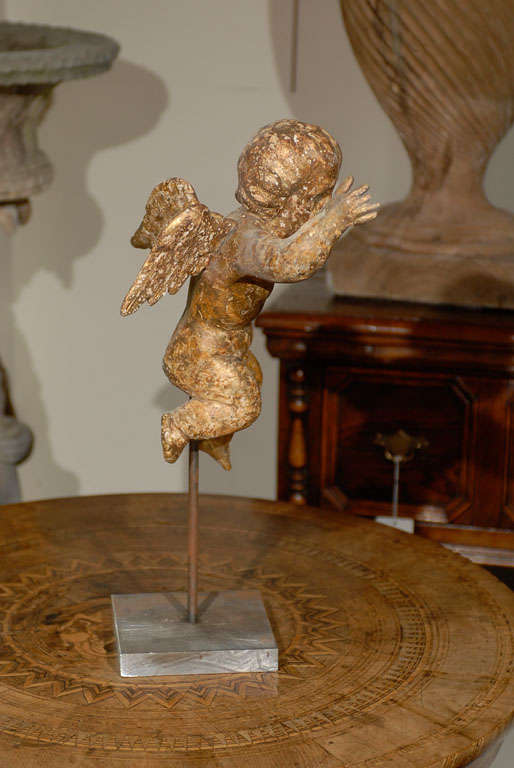English Mid-19th Century Carved and Gilt Wood Cherub Sculpture on Custom Stand 3