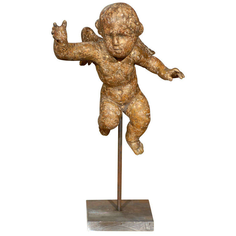 English Mid-19th Century Carved and Gilt Wood Cherub Sculpture on Custom Stand