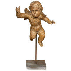 Antique English Mid-19th Century Carved and Gilt Wood Cherub Sculpture on Custom Stand