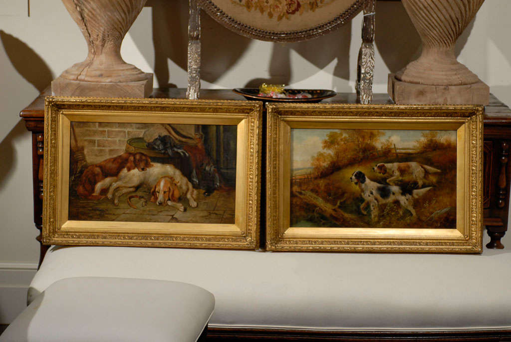 Pair of English sporting dog oils by Charles Dudley depicting in the field and after the hunt. In Gilt frames.