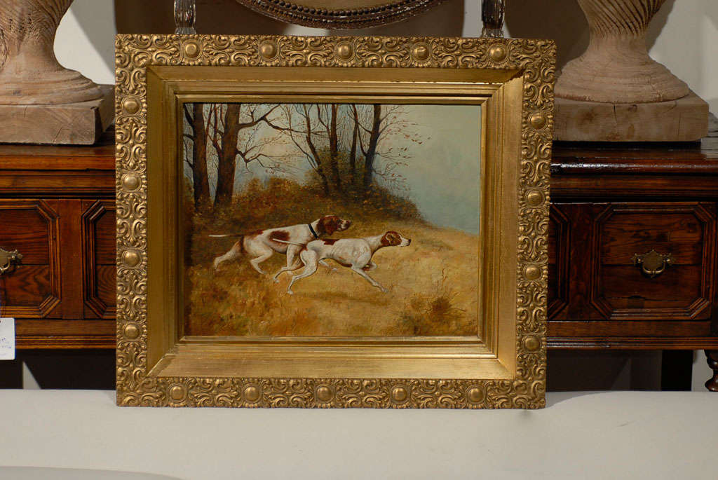 Oil painting of Pointers in the Field in gilt frame.