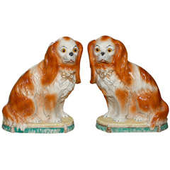 Pair of Staffordshire Glass Eyed Spaniels on Bases