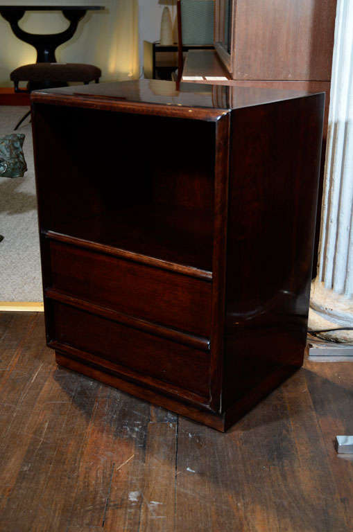 Dark-stained walnut bedside tables with open storage and deep drawers.  Bull-nose detailing and a great finish.   *To see our entire inventory, www.donzella.com