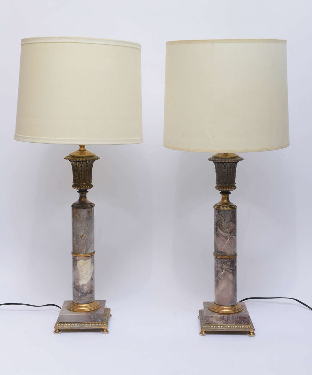 Empire Early 20th Century Pair of Marble and Bronze Column Table Lamps