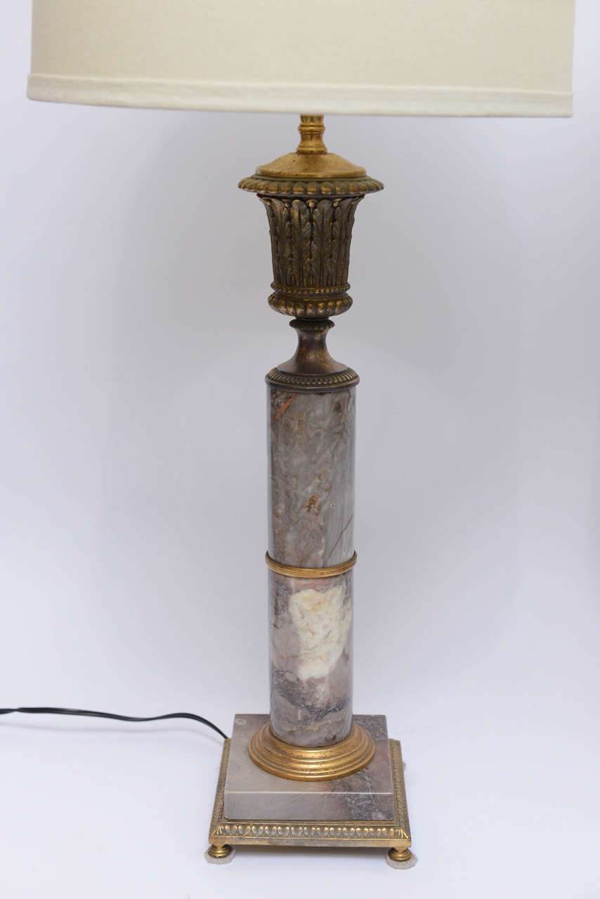 Italian Early 20th Century Pair of Marble and Bronze Column Table Lamps