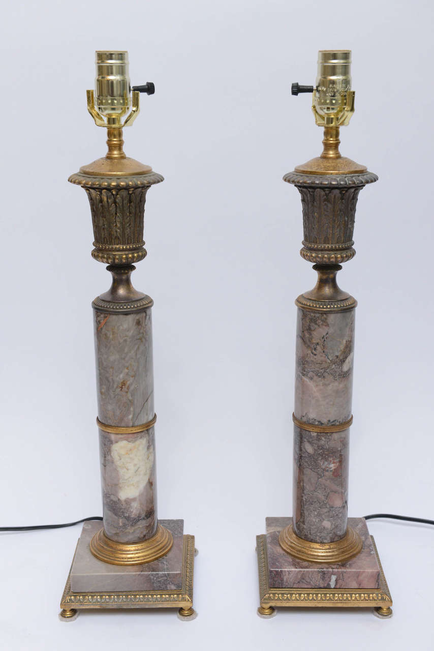 Early 20th Century Pair of Marble and Bronze Column Table Lamps 2