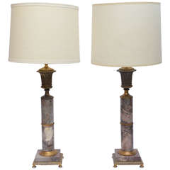 Early 20th Century Pair of Marble and Bronze Column Table Lamps