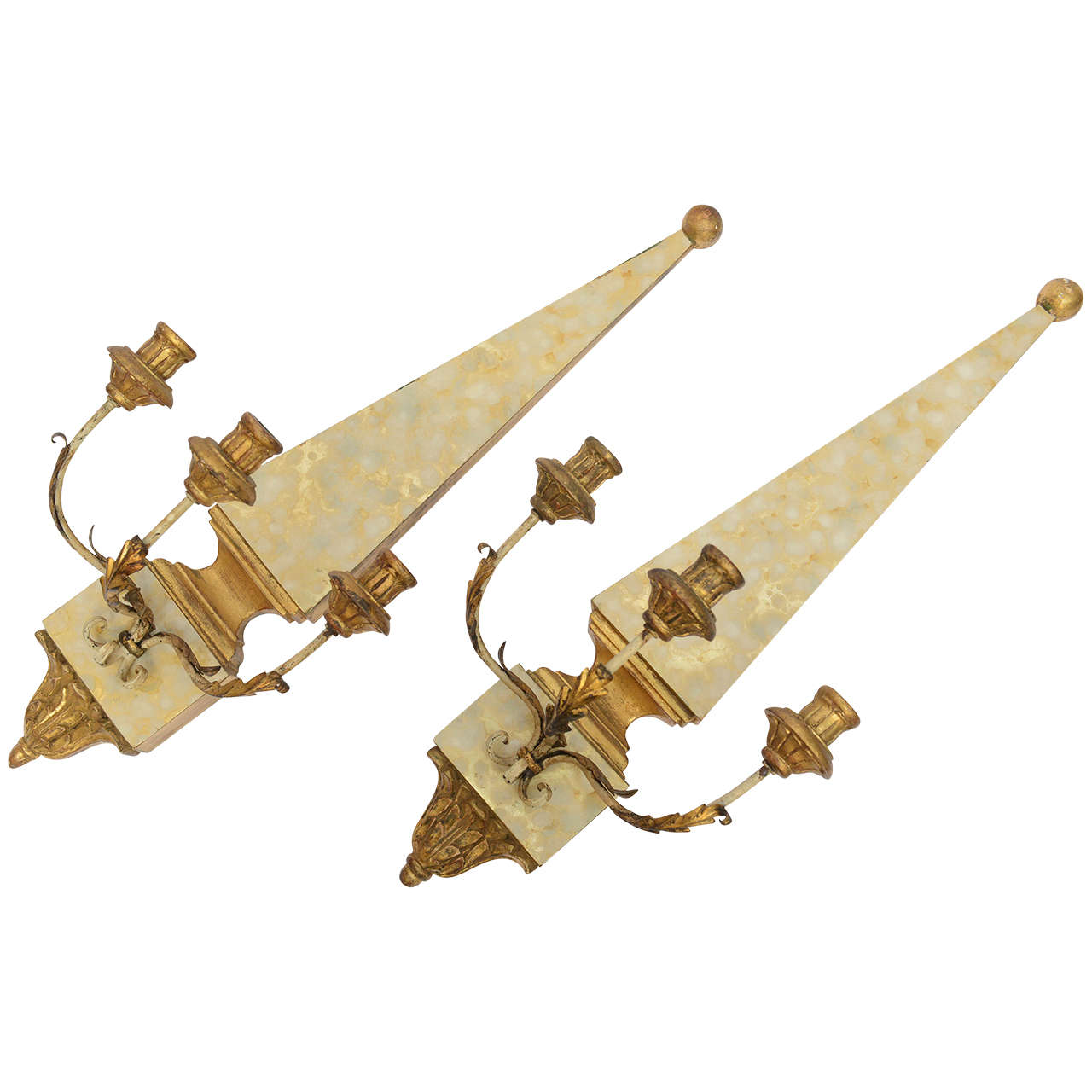 Pair of Hollywood Regency Gilded Wood Candleholder Wall Sconces