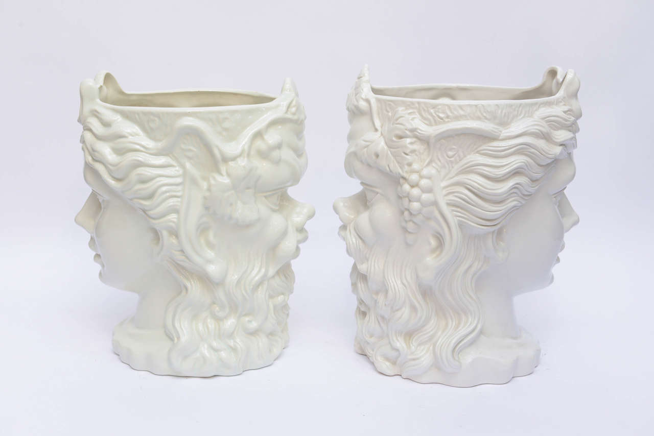 Pair of Italian White Ceramic Two Face Planters c1950's In Good Condition In West Palm Beach, FL