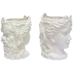 Vintage Pair of Italian White Ceramic Two Face Planters c1950's