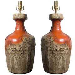 Pair of Orange Mud Cast Ceramic Lamps