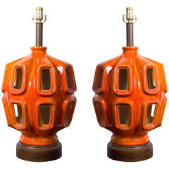 Amazing Pair of Midcentury Lamps with a Touch of Lava Glaze