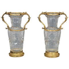 Pair of Baccarat Handblown Crystal Vases w/  Wheel Cut Engraving and Bronze Mo