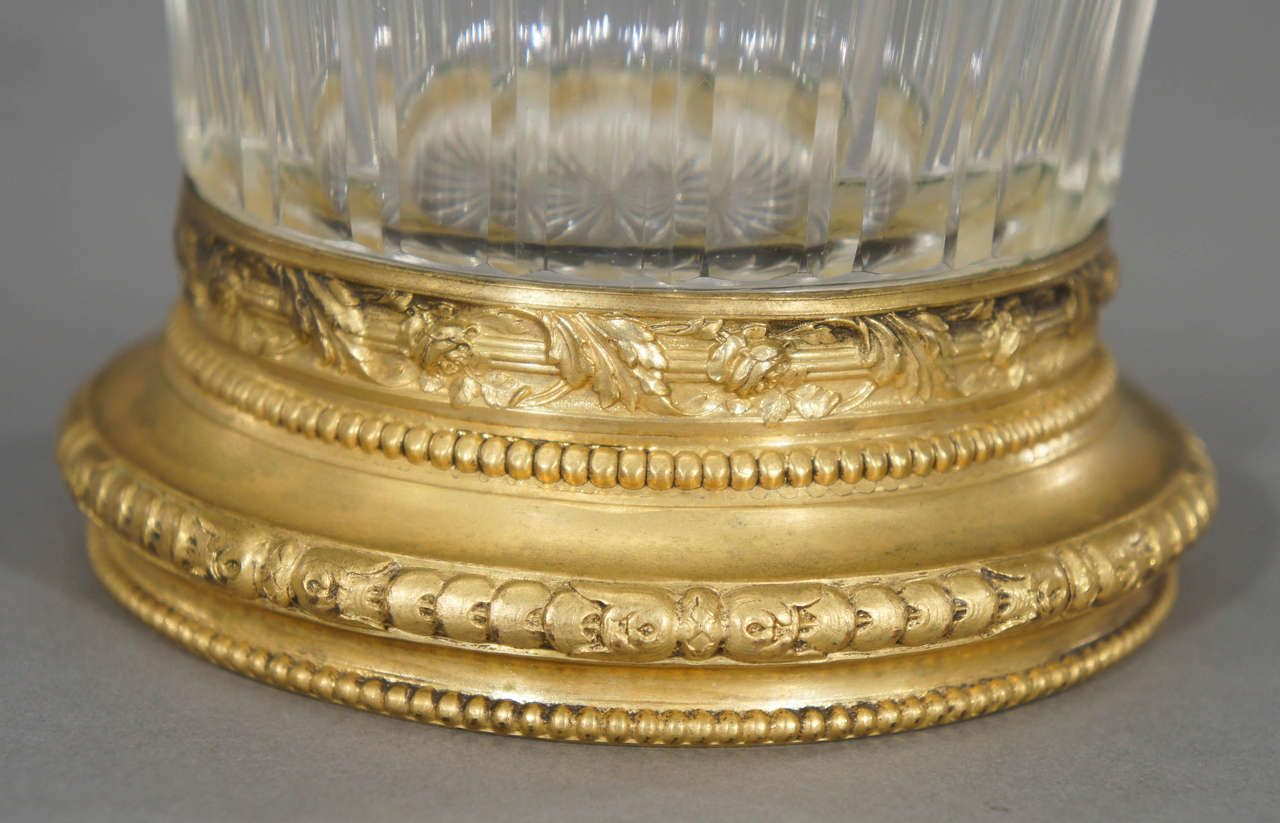 Gilt Pair of Baccarat Handblown Crystal Vases w/  Wheel Cut Engraving and Bronze Mo
