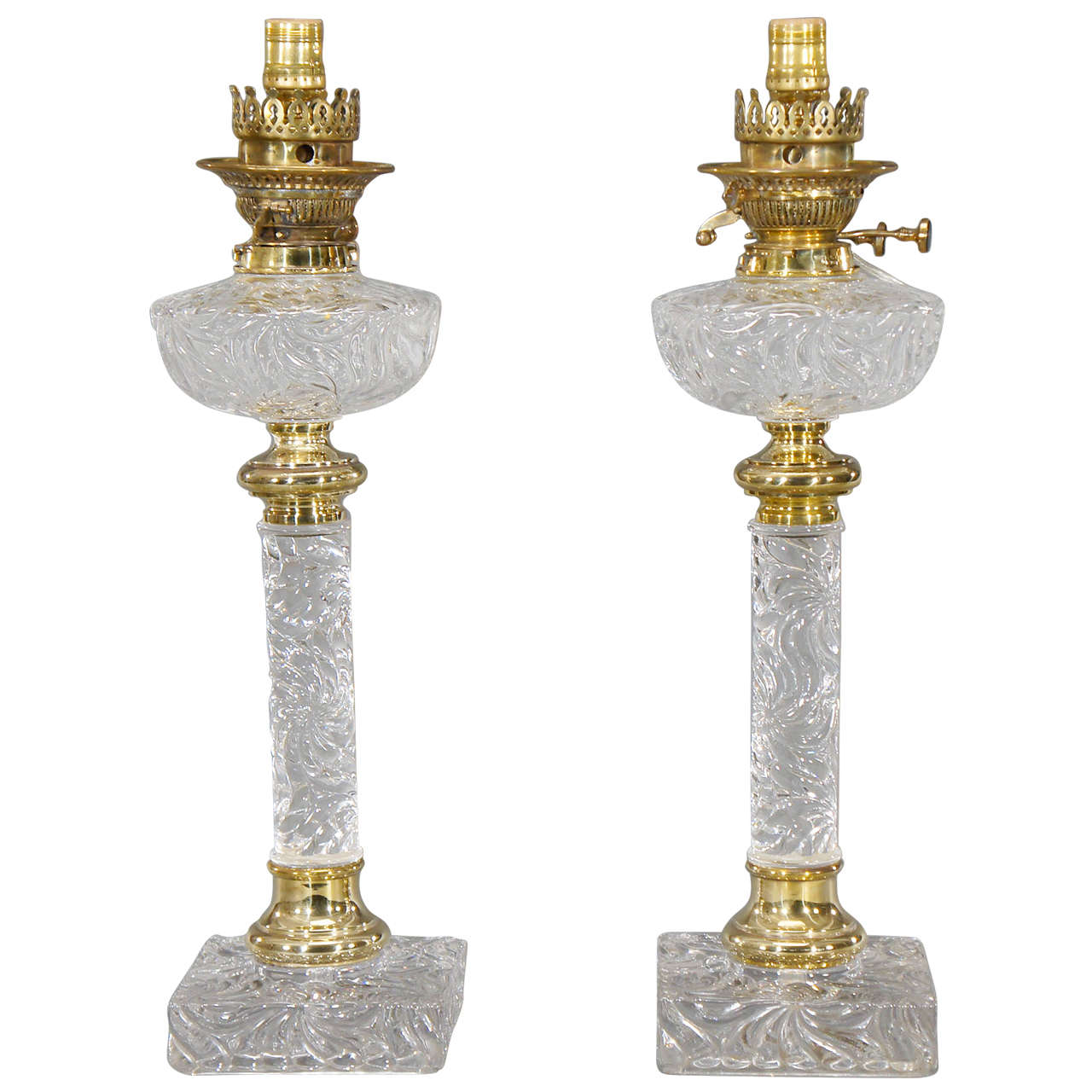 Pair of Baccarat Molded Crystal Lamps with Original Fonts and Brass Mounts For Sale