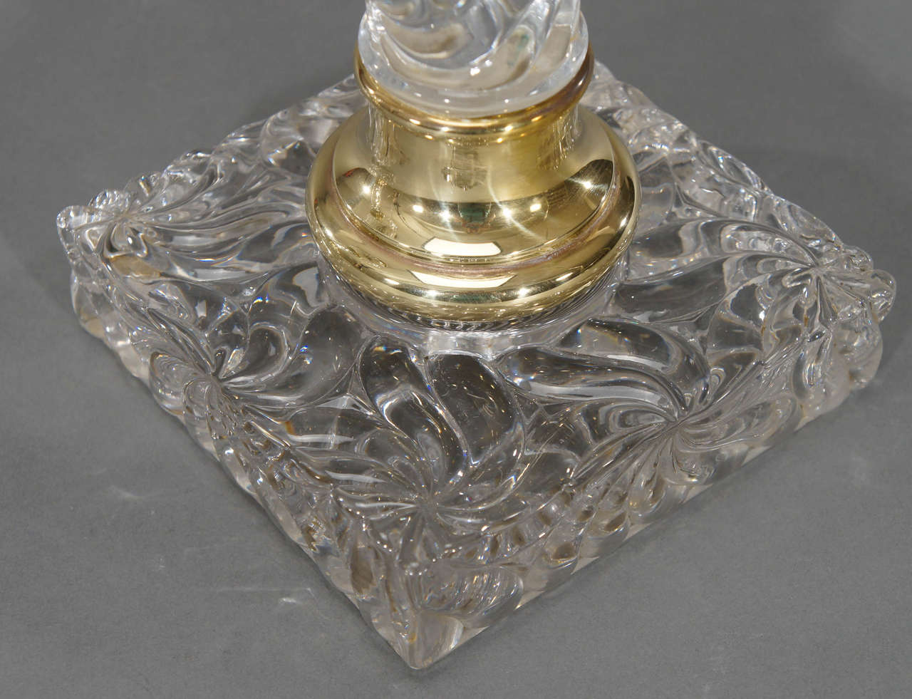 French Pair of Baccarat Molded Crystal Lamps with Original Fonts and Brass Mounts For Sale