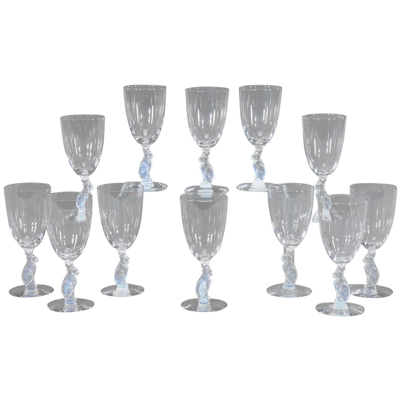 Set of Twelve Libbey and Nash Silhouette Water Goblets with Opalescent Cat Connectors