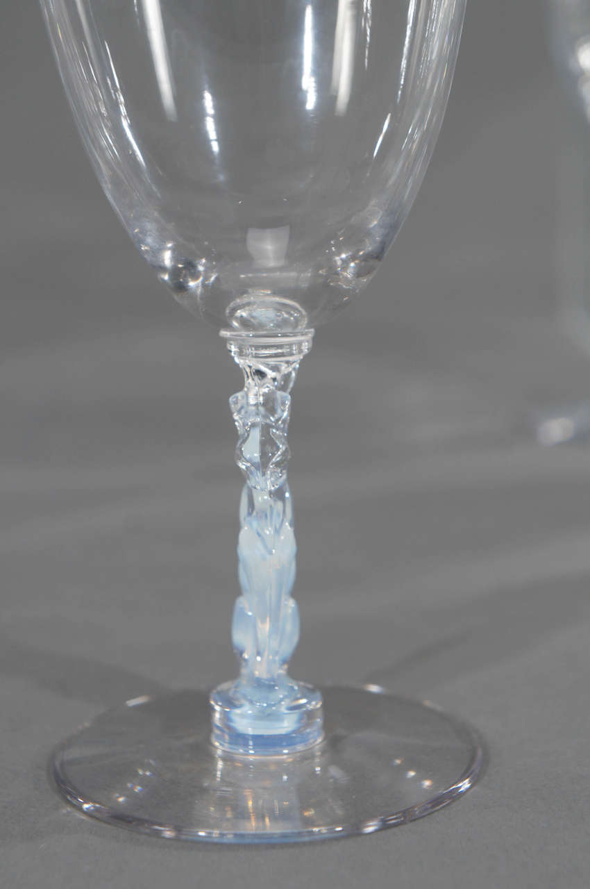 American Set of Twelve Libbey and Nash Silhouette Water Goblets with Opalescent Cat Connectors