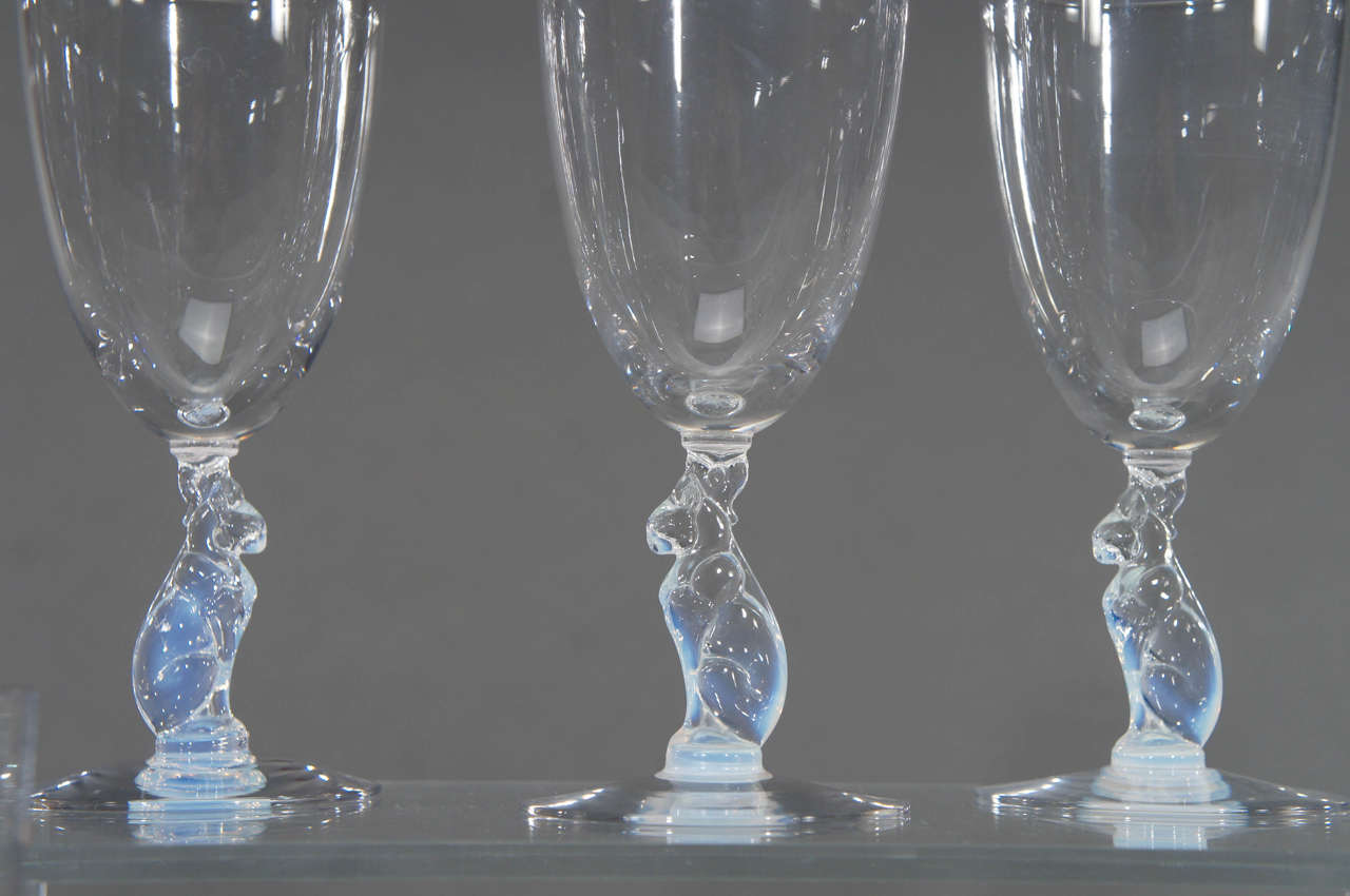 Crystal Set of Twelve Libbey and Nash Silhouette Water Goblets with Opalescent Cat Connectors