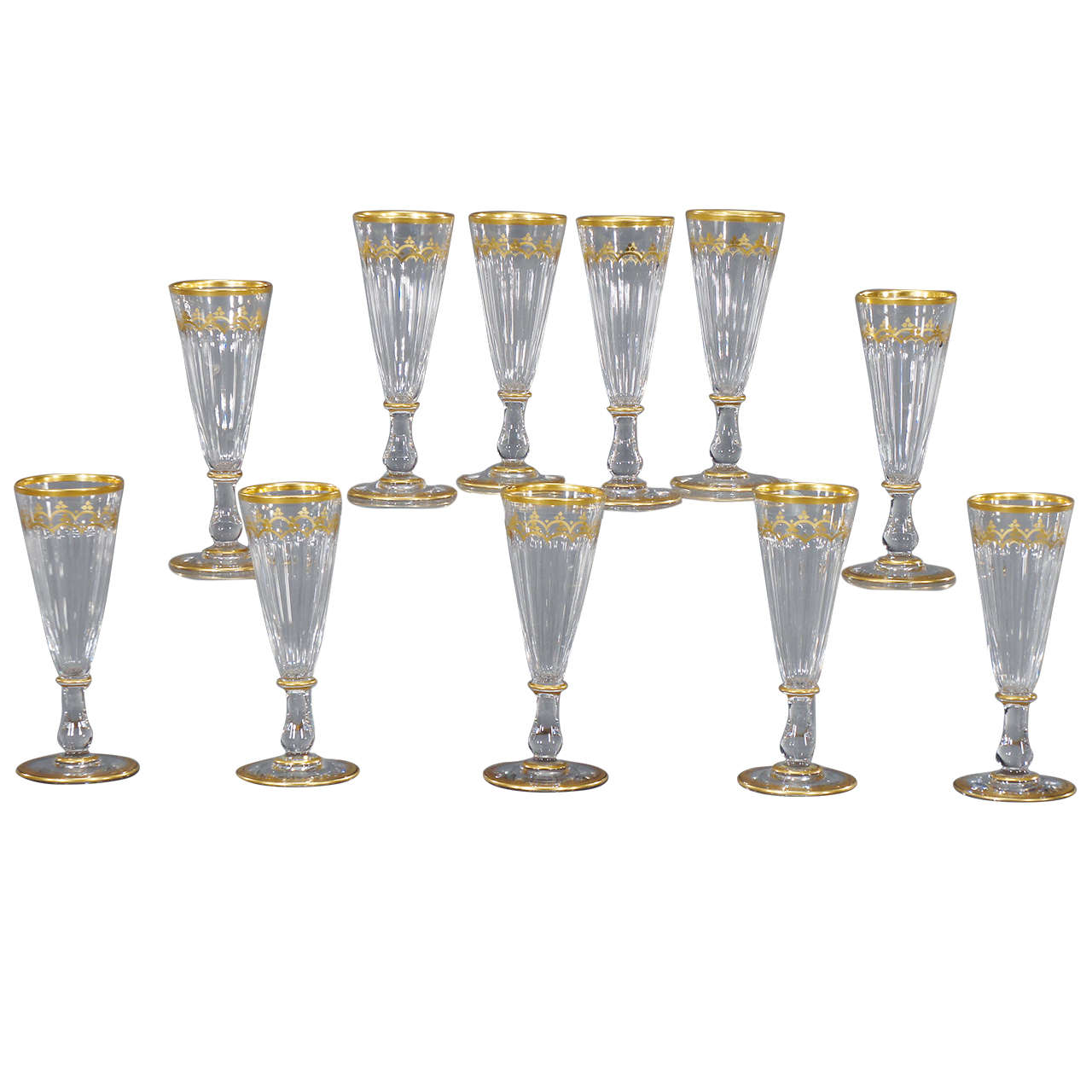 Set of 11 19th Century Baccarat Champagne Flutes or Goblets with Gold Tri