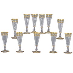 Antique Set of 11 19th Century Baccarat Champagne Flutes or Goblets with Gold Tri