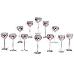Set of 12 Handblown Art Nouveau Austrian Tall Crystal Goblets w/ Cherry Marquetr 3
