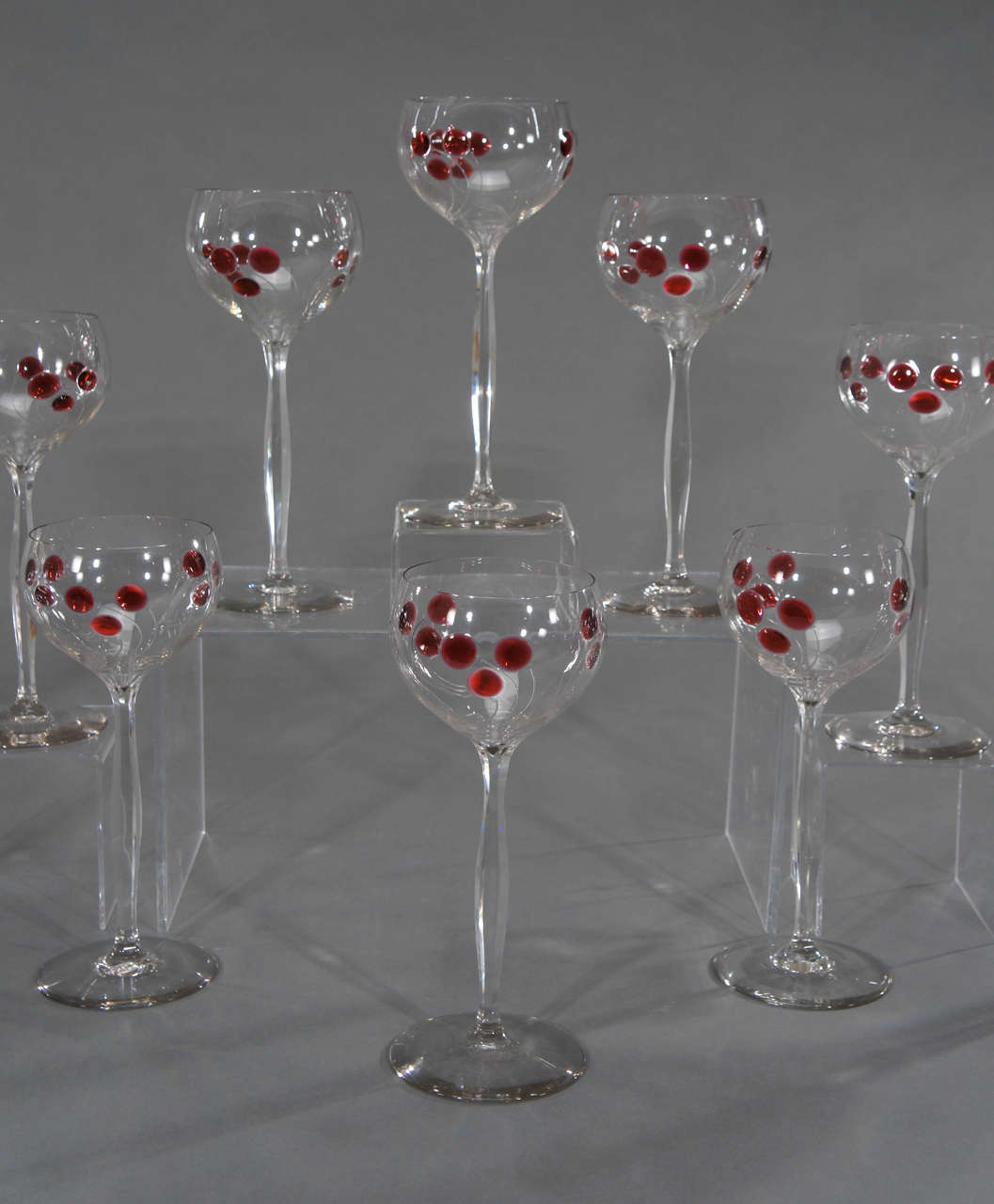 Set 12 Hand Blown Art Nouveau Austrian Tall Crystal Goblets w/ Cherry Marquetry In Excellent Condition For Sale In Great Barrington, MA