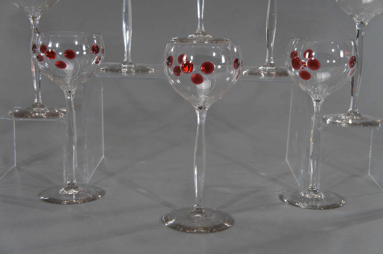 19th Century Set 12 Hand Blown Art Nouveau Austrian Tall Crystal Goblets w/ Cherry Marquetry For Sale