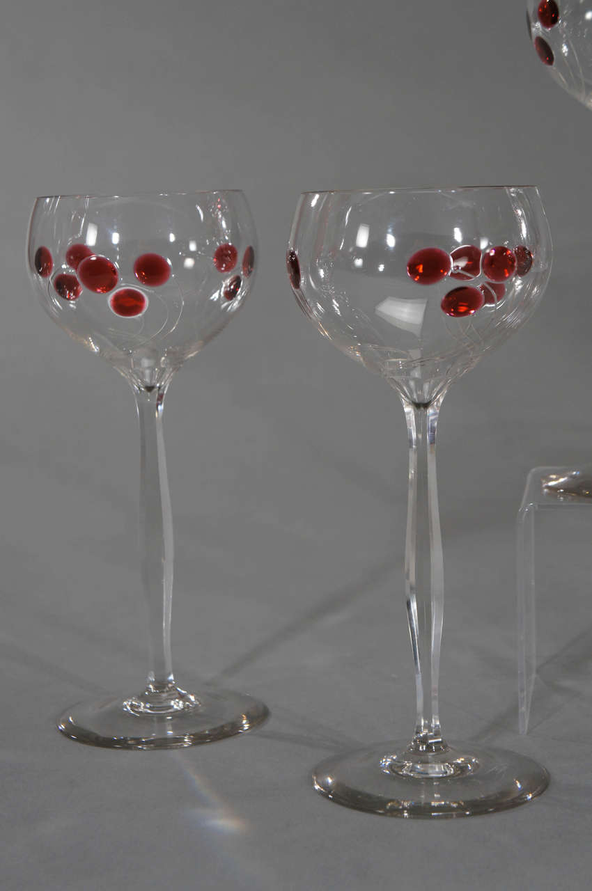 Set 12 Hand Blown Art Nouveau Austrian Tall Crystal Goblets w/ Cherry Marquetry For Sale 1